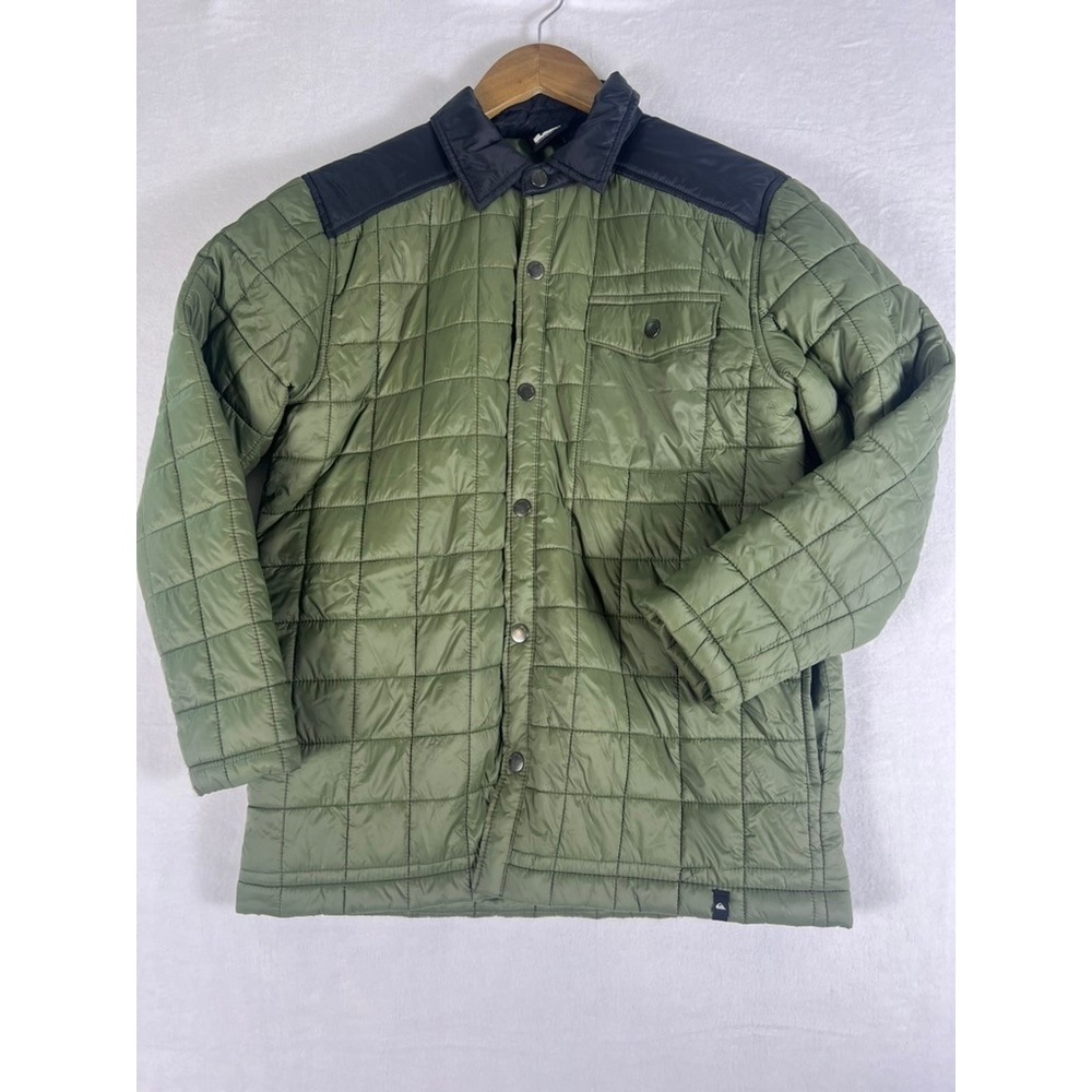 Quiksilver Quilted Jacket Kids L 14/16 Olive Green Black Snap Front Puffer Coat